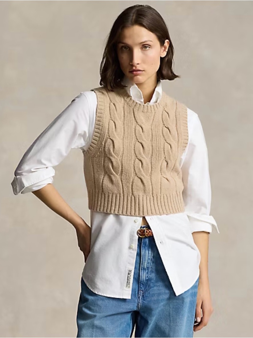 Polo Ralph Lauren Cropped Cable Wool-Cashmere Sweater Size Small
